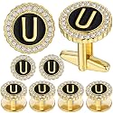 HAWSON 18K Gold Tone Initial Cufflinks for Men with Tuxedo Studs - Gift Boxed, Stylish Men's Jewelry Accessories for Weddings, Birthdays, Anniversaries, Father's Day