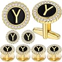HAWSON 18K Gold Tone Initial Cufflinks for Men with Tuxedo Studs - Gift Boxed, Stylish Men's Jewelry Accessories for Weddings, Birthdays, Anniversaries, Father's Day