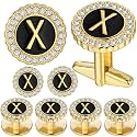 HAWSON 18K Gold Tone Initial Cufflinks for Men with Tuxedo Studs - Gift Boxed, Stylish Men's Jewelry Accessories for Weddings, Birthdays, Anniversaries, Father's Day