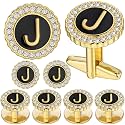 HAWSON 18K Gold Tone Initial Cufflinks for Men with Tuxedo Studs - Gift Boxed, Stylish Men's Jewelry Accessories for Weddings, Birthdays, Anniversaries, Father's Day