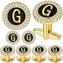 HAWSON 18K Gold Tone Initial Cufflinks for Men with Tuxedo Studs - Gift Boxed, Stylish Men's Jewelry Accessories for Weddings, Birthdays, Anniversaries, Father's Day