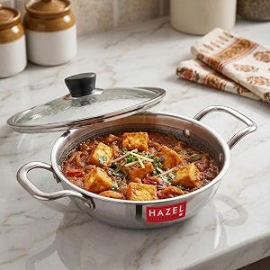 hazel 22cm honeycomb triply stainless steel kadhai 2l with glass lid - non-stick induction amp gas safe