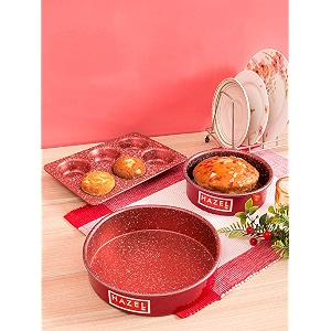 hazel alfa aluminium granite finish non stick microwave safe heavy gauge 3 pc mould combo - large cake mould with small mould amp muffin mould red