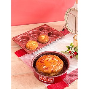 hazel heavy gauge premium aluminium granite finish non stick microwave safe 2 pc mould combo 1 small cake mould with 1 muffin tray red