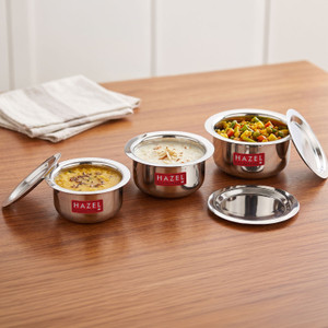 hazel premium heavy gauge stainless steel round tope with lid set of 3 silver topebhagonapatila set with lid 03 l 035 l 08 l capacity 300 cm 350 cm 800 cm diameter stainless steel