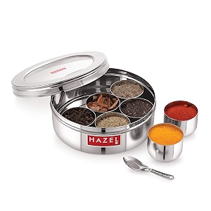 hazel see through stainless steel masala dabba spice box with 7 wati and small spoon