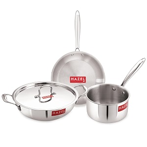 hazel triply stainless steel fry pan 15l kadhai 3l amp triply sauce pan 16l with lid  3 layer construction amp induction base cookware set for daily cooking