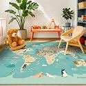 Hazo Haus Washable Large Kids Playroom Rug with Animal – 5x8 Educational World Map Area Rug for Kids Room – Non-Slip, Stain Resistant, Soft &amp; Safe, Nursery, Classroom or Bedroom - Blue Ocean