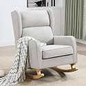 HCHAIRH Nursery Rocking Chairs, Rocking Chair Nursery for Mom Nursery Rocker with High Backrest and Solid Wood Legs, Modern Wingback Chair for Reading Living Room Bedroom, Light Grey