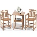 HDPE Outdoor Bistro Square High Top Table & 2 Bar Height Chairs Set, Teak