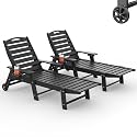 HDPE Outdoor Chaise Lounge Chair Set of 2, 77.8" Extended Length Patio Lounge Chair with Woodgrain Finish, 5 Adjustable Reclining Positions, Wheels &amp; Cup Holder, Black