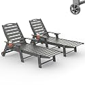 HDPE Outdoor Chaise Lounge Chair Set of 2, 77.8" Extended Length Patio Lounge Chair with Woodgrain Finish, 5 Adjustable Reclining Positions, Wheels &amp; Cup Holder, Dark Grey