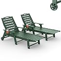HDPE Outdoor Chaise Lounge Chair Set of 2, 77.8" Extended Length Patio Lounge Chair with Woodgrain Finish, 5 Adjustable Reclining Positions, Wheels &amp; Cup Holder, Green