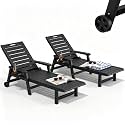 HDPE Outdoor Lounge Chair Set of 2 with Wheels & Cup Holder, Black