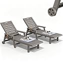 HDPE Outdoor Lounge Chair Set of 2 with Wheels & Cup Holder, Grey