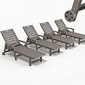 HDPE Outdoor Lounge Chair Set of 4 with Wheels &amp; Cup Holder, Grey