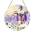 He is Risen Easter Religious Cross Sign for Front Door 12"x12" Spring Sunrise Lamb Door Hanger for Outdoor Outside Porch Christian Lily Flowers Wooden Wreath Easter Wall Hanging Decoration for House