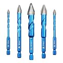 Head Eccentric Drill Bit 3/16",1/4",5/16",3/8",1/2"- 5pcs Carbide Tipped Drill bit Masonry Drill Bit Sets for Porcelain Ceramic Tiles Glass Hard Plastic Cement/Granite etc