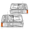 Headlight Assembly for 1992 1993 1994 1995 1996 Ford F150 F250 F350/1992-1996 Bronco Headlamp Replacement Bumper Lamp Set Chrome Housing Amber Reflector