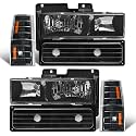 Headlight Assembly with Bumper & Corner Lights for 1994-1998 GMC C10 Sierra Suburban Yukon Black Housing Amber Reflector Left Right W/O Bulbs