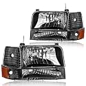 Headlight Assembly, Headlights Kit Compatible with 1992-1996 Ford F150 F250 F350/1992-1996 Bronco Replacement Headlamp Bumper Lamp Set Black Housing Amber Reflector