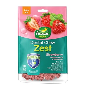 heads up for tails happi doggy gluten amp grain-free dental chew zest dog treats-strawberry flavorhealthy chew treatsoral health amp dental carenutritious chews for adult dogs amp puppies-150 gm