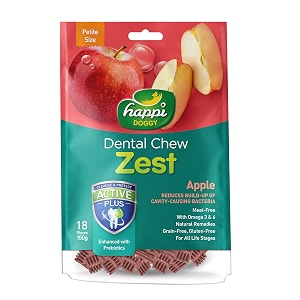 heads up for tails gluten and grain-free happi doggy dog treats dental chew zest apple 150 gram for all life stages stick