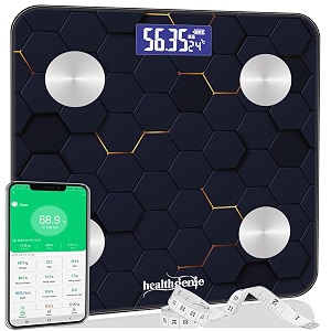 healthgenie advanced bmi weight scalebody fat analyzer with smart circut for longer battery sync with app 18 body metrics weighing machine 3d nexus1 yr warrantyfree assorted measuringtape