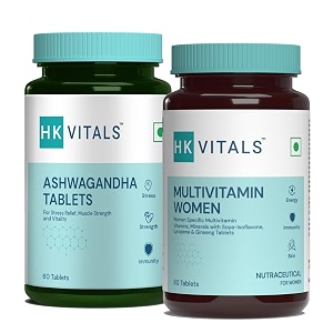 healthkart hk vitals ashwagandha anxiety amp stress relief 60 capsules with multivitamin women with zinc vitamin c multiminerals amp ginseng extract 60 tablets  combo pack