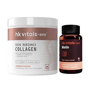 hk vitals skin radiance marine collagen supplement orange 200g amp biotin 10000mcg 90 tablets combo pack  supplement for hair growth