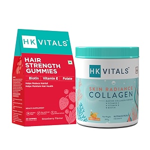 healthkart hk vitals skin radiance collagen supplement orange 200g amp hair strength gummies vegan gluten free strawberry 30 gummies