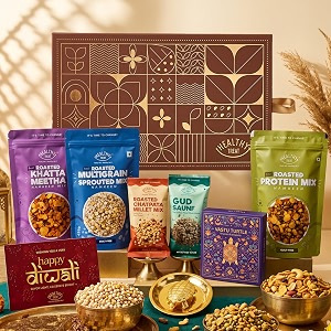 healthy treat healthy namkeen diwali gift hamper  roasted snacks gift box with vastu turtle and greeting card  wholesome corporate gifting