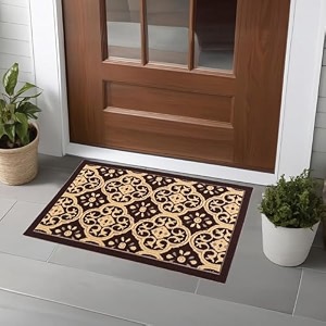heart home 16x24 inch poly wool anti-skid doormats for main door entrance  soft footmats for home amp kitchen  washablenon-slip floor mat for living room balcony  jacquard - brown