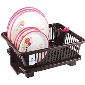 heart home 3 in 1 large durable plastic kitchen sink dish rack drainer drying rack washing basket brown-heart10738