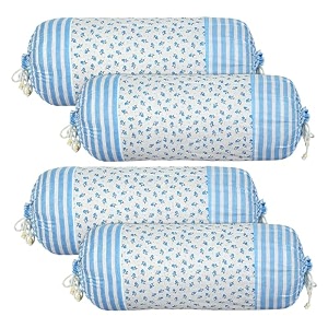 heart home bolster covers  cotton bolster cover set  diwan bolster cover set  bolster pillow cover  blue flower masand cover  16x32 inch  pack of 4  white