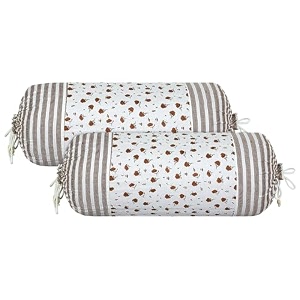 heart home bolster covers  cotton bolster cover set  diwan bolster cover set  bolster pillow cover  brown flower masand cover  16x32 inch  pack of 2  white