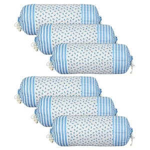 heart home bolster covers  cotton bolster cover set  diwan bolster cover set  bolster pillow cover  blue flower masand cover  16x32 inch  pack of 6  white