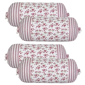 heart home bolster covers  cotton bolster cover set  diwan bolster cover set  bolster pillow cover  pink flower masand cover  16x32 inch  pack of 4  white