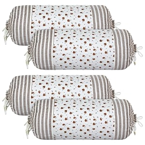 heart home bolster covers  cotton bolster cover set  diwan bolster cover set  bolster pillow cover  brown flower masand cover  16x32 inch  pack of 4  white