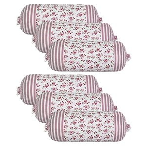 heart home bolster covers  cotton bolster cover set  diwan bolster cover set  bolster pillow cover  pink flower masand cover  16x32 inch  pack of 6  white