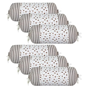 heart home bolster covers  cotton bolster cover set  diwan bolster cover set  bolster pillow cover  brown flower masand cover  16x32 inch  pack of 6  white