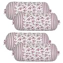 Heart Home Bolster Covers | Cotton Bolster Cover Set | Diwan Bolster Cover Set | Bolster Pillow Cover | Pink Flower Masand Cover | 16x32 Inch | Pack of 4 | White