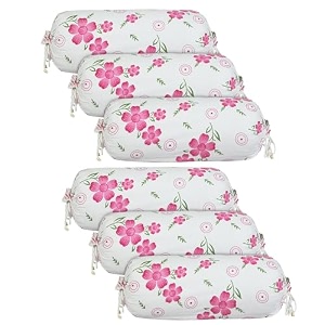 heart home bolster covers  soft cotton bolster cover set  bolster pillow covers  pink circle flower roll masand cover  long pillow case  16x32 inch  pack of 6  white
