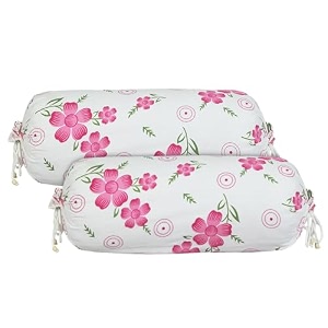 heart home bolster covers  soft cotton bolster cover set  bolster pillow covers  pink circle flower roll masand cover  long pillow case  16x32 inch  pack of 2  white