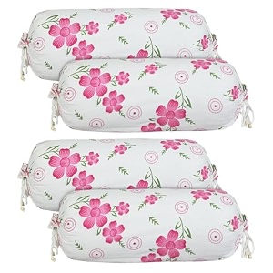 heart home bolster covers  soft cotton bolster cover set  bolster pillow covers  pink circle flower roll masand cover  long pillow case  16x32 inch  pack of 2  white