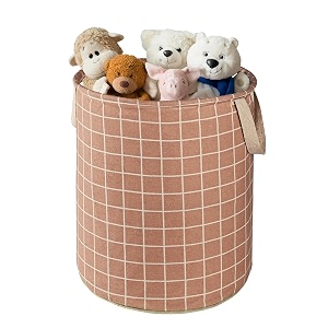 heart home cotton 45l toys organizer for kids room - foldable soft toys storage bagbasketcontainer with handles  checks -light brown