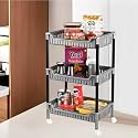 Heart Home Durable Kitchen Storage Rack with 3-Tier trolley for Spices | Space-Saving Multipurpose Onion &amp; Fruit/Vegetable Stand for Kitchen, Home &amp; Office | Grey &amp; Black