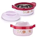 Heart Home Floral Design 2 Pieces Plastic Insulated Steel Casseroles,1500 ML (Light Pink) - CTHH14659