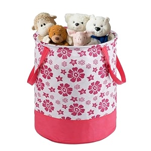 heart home foldable 45l toys organizer for kids room - soft toys storage bagbasketcontainer with handles  floral print - pink amp white