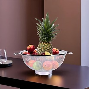 heart home fruit basket  stainless steel vegetables strainer  multipurpose fruit basket  colander basket for pasta-noodles-grains  mesh basket with handle  9 inch  silver